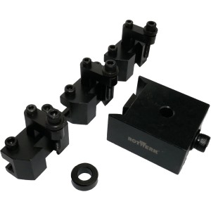 Rotwerk Schnellspannwechselhalter-Set Standard für Drehmaschinen: Grundkörper, 3 Halter und Adapterring.