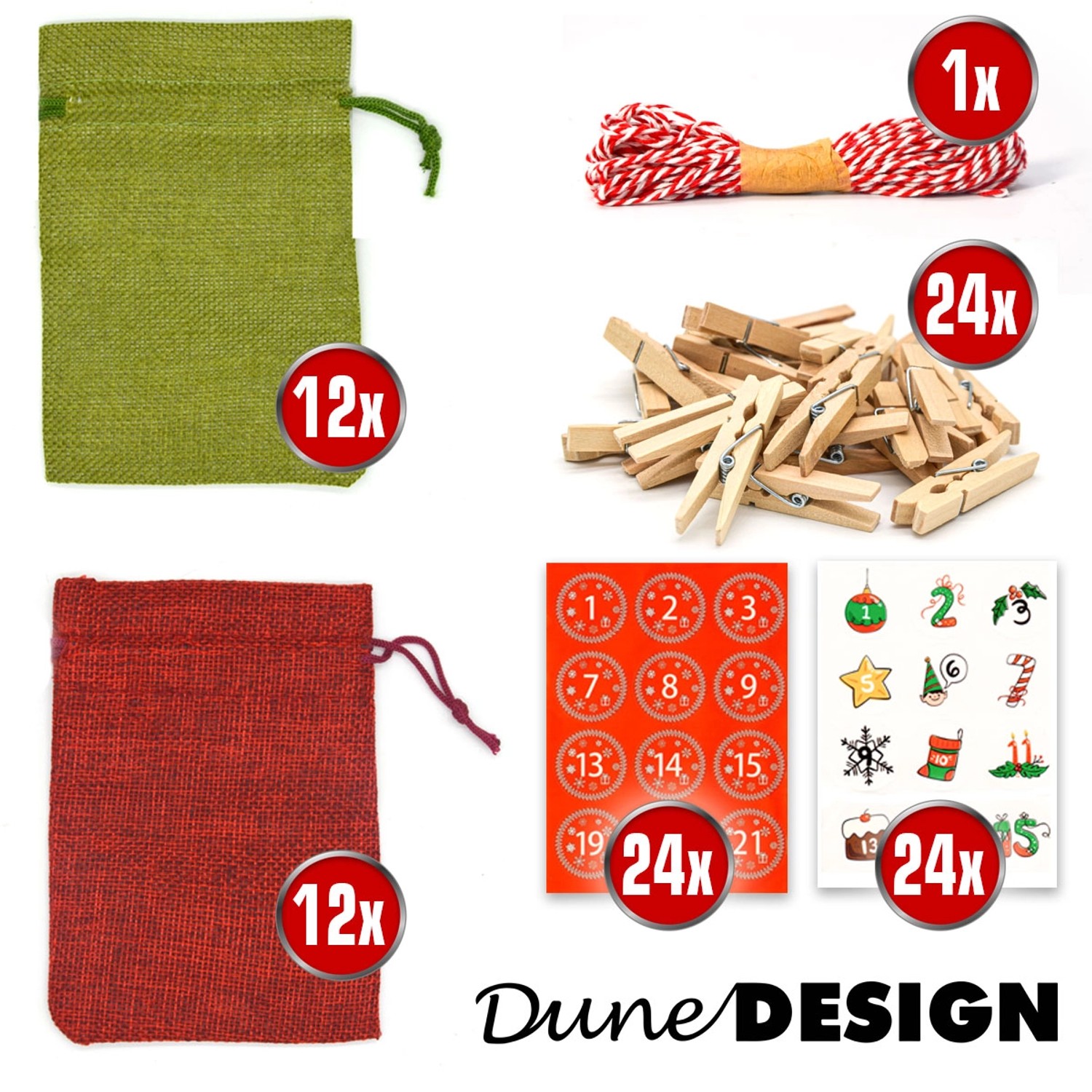 DuneDesign DIY Adventskalender Set: 24 Säckchen, Zahlen-Sticker, Klammern, Kordel. Weihnachtsdeko zum Selbstbefüllen.