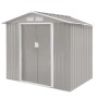 Hattoro S100 Metall Gerätehaus XL in Hellgrau mit Satteldach, Schiebetüren und Lüftungsgittern. Robuster Garten Schuppen.
