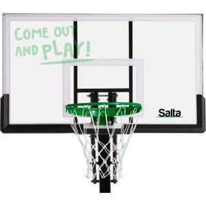 Salta Basketballständer Guard, 139x371 cm, mit Polycarbonat-Rückwand und grünem Korb.