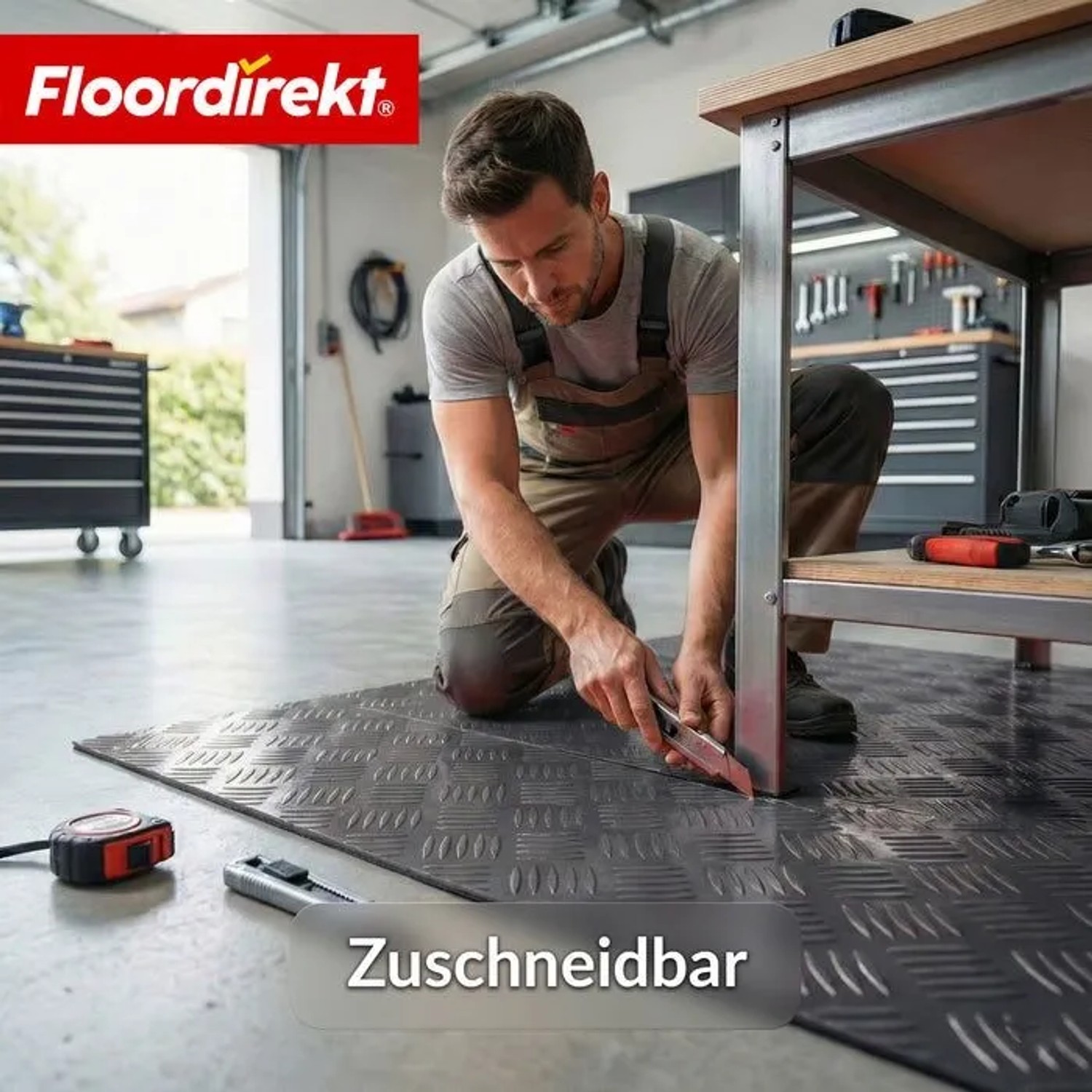 Dunkelgrauer Floordirekt PVC-Bodenbelag in Riffelblech-Optik wird mit Cutter zugeschnitten.