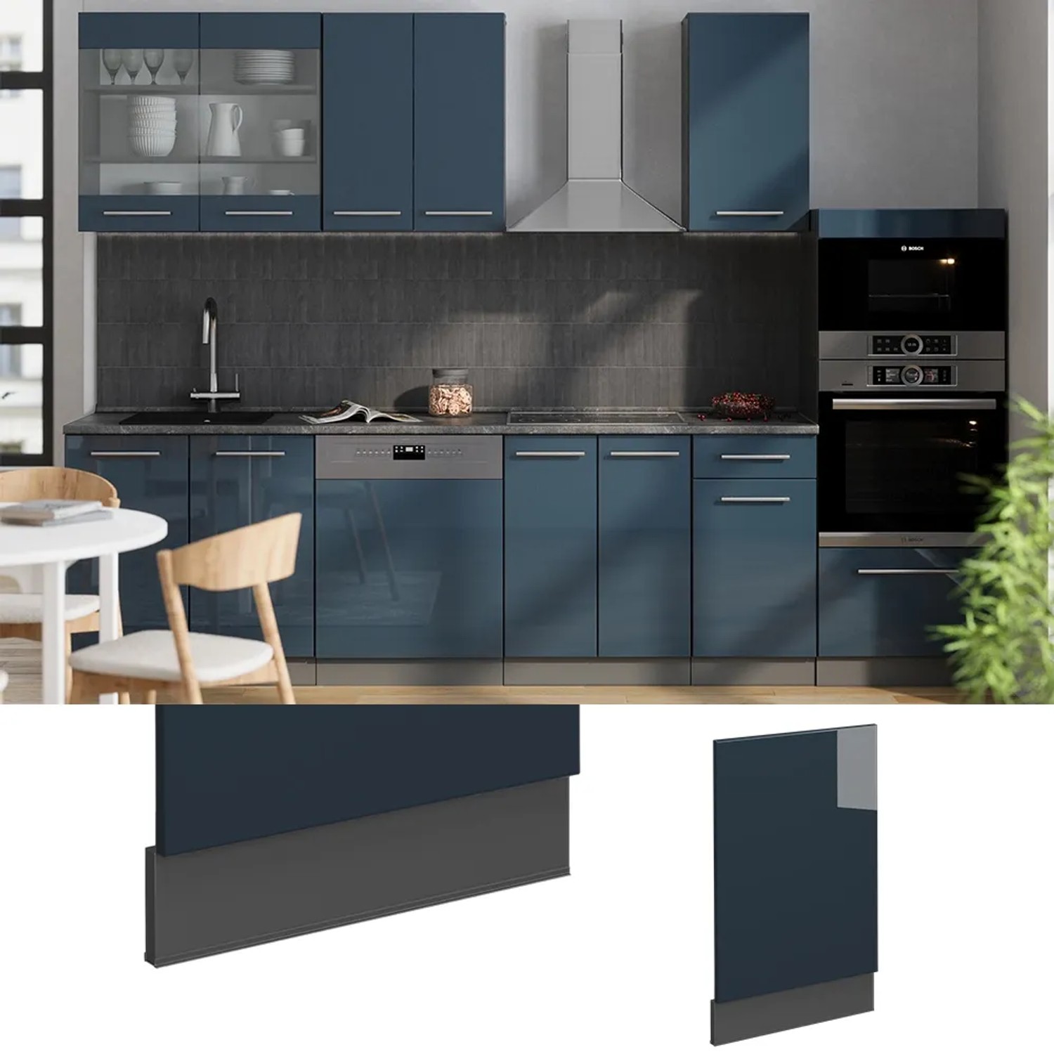 Vicco Frontblende für Geschirrspüler, dunkelblau hochglanz, 45 cm, Eiche AP mit anthrazitfarbenem Korpus.