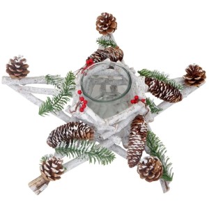 Sternförmiger Adventskranz aus weiß gekalkten Ästen, dekoriert mit Zapfen, Beeren und Kerzenglas. Weihnachtsdeko.