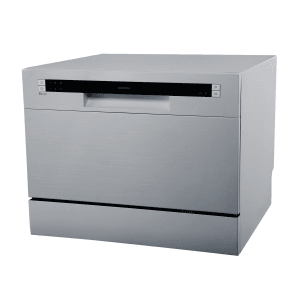 Kompakter homeX Tischgeschirrspüler GST6AE-S in Silber, ideal für kleine Küchen.