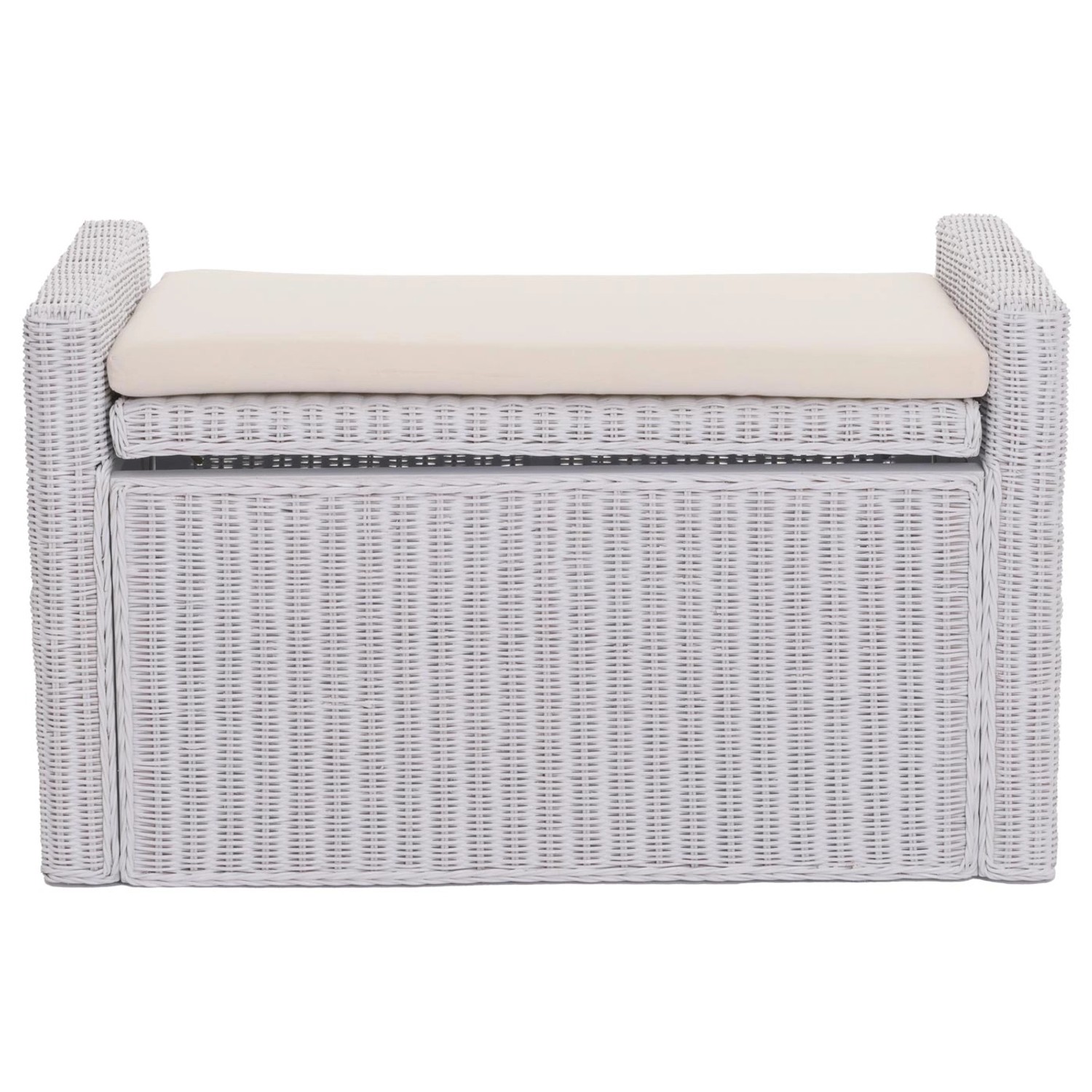 Weiße MCW Sitzbank Genua aus Rattan mit Staufach und beigem Sitzkissen.