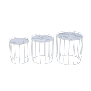 Svita Pasi 3er Set Beistelltische, Couchtische rund, weiß mit Marmoroptik.