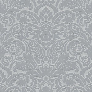 Barock Tapete in Silber-Grau mit Ornament Muster, matte Oberfläche.