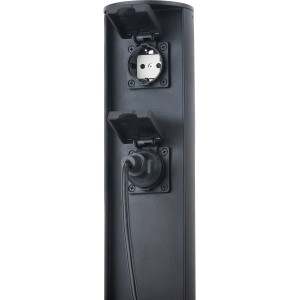 Eco-Light Stromverteiler-2 Schwarz für den Außenbereich mit zwei Steckdosen, eine mit Stecker.