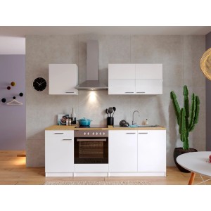 Respekta Küchenzeile KB210WWC, 210 cm, weiße Fronten, Arbeitsplatte in Nussbaum-Optik.