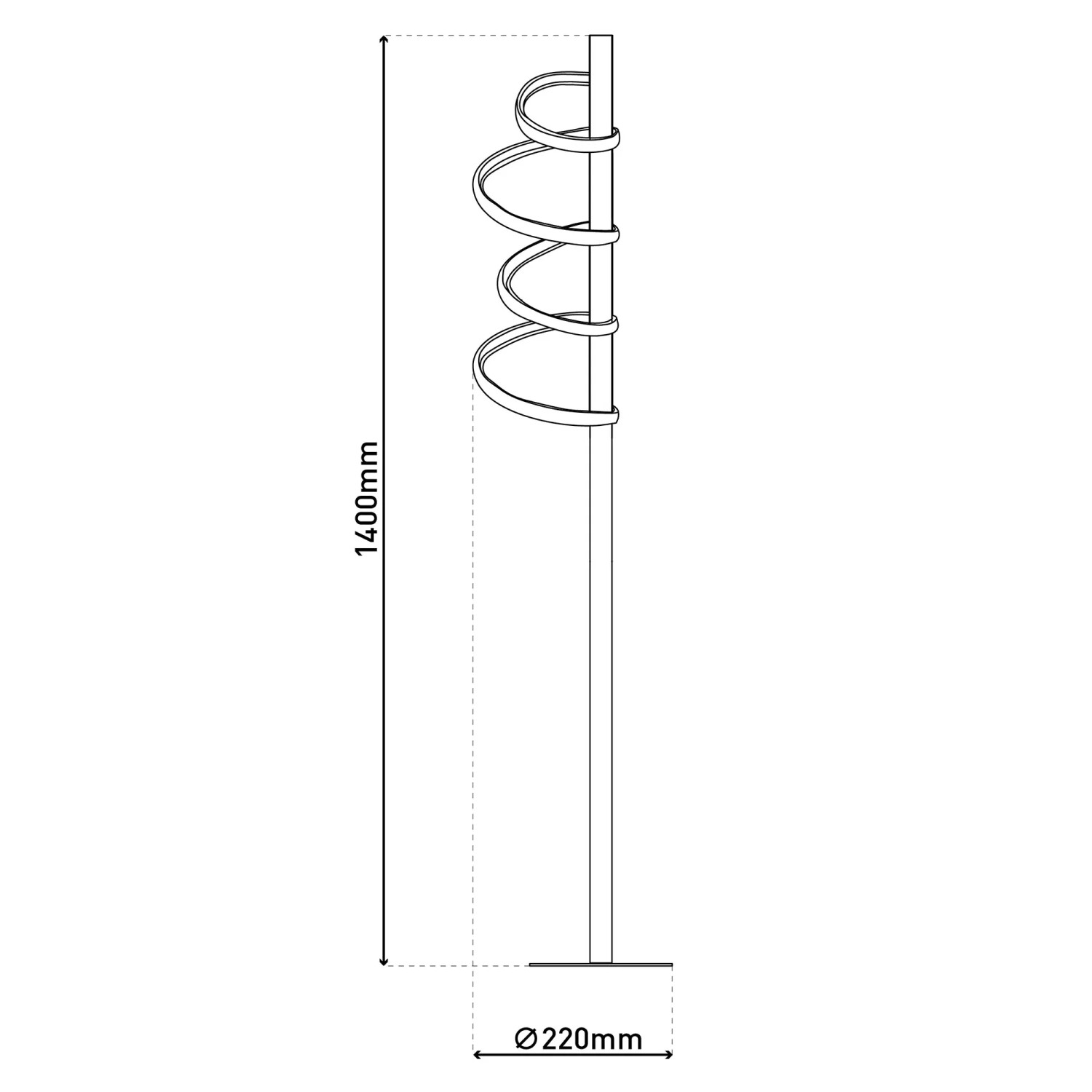 Skizze der goldenen LED Stehleuchte Belleza, 140cm hoch, spiralförmiges Design.