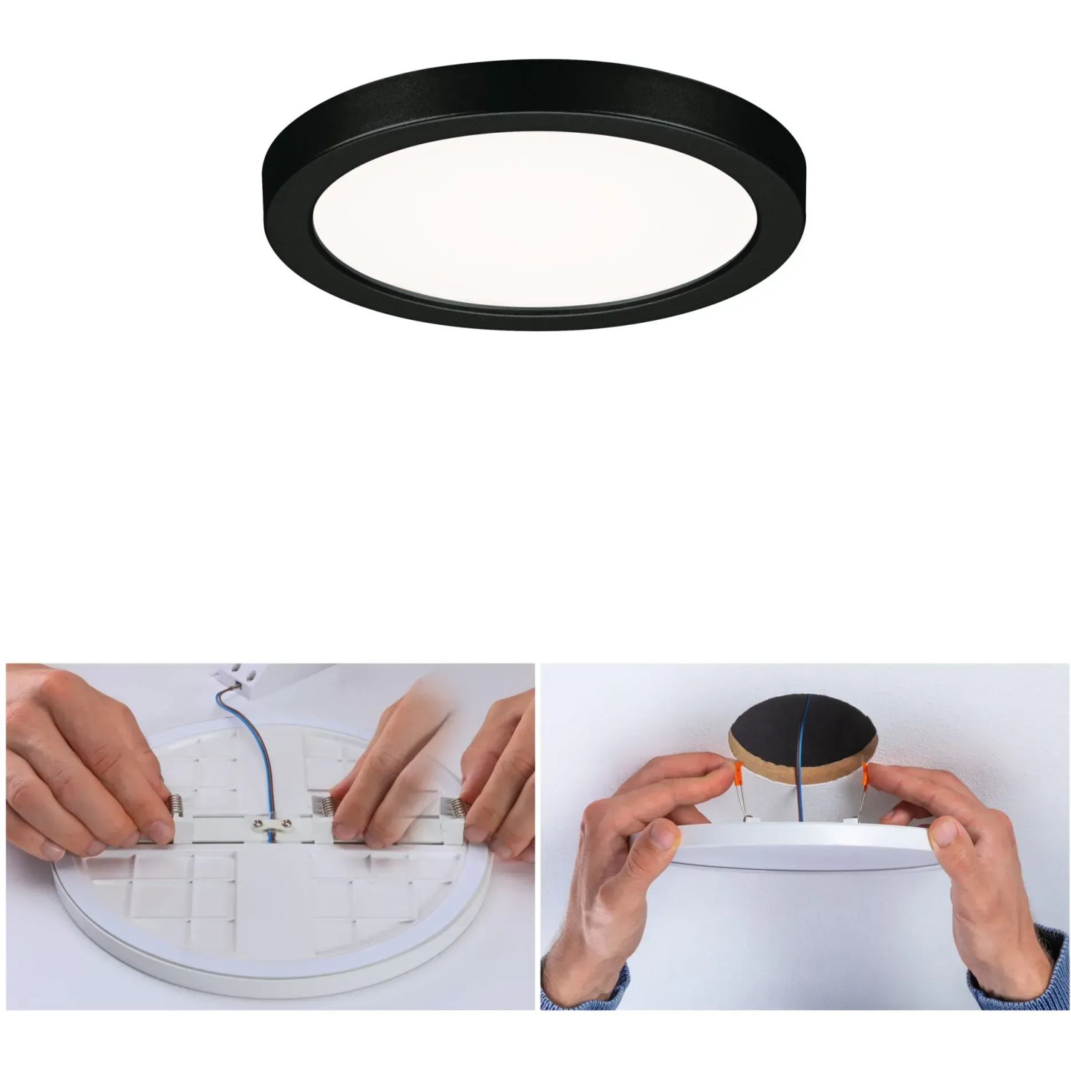 Paulmann LED-Einbaupanel Areo VariFit, 11,8 cm, 6,5 W, schwarz, mit Montagebeispielen.