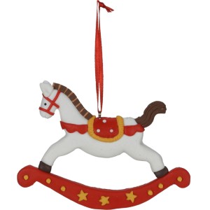Weihnachtsdeko: Hängendes Schaukelpferd, 8 cm, mit rotem Band. Ideal für Weihnachtsbaum und Adventskranz.