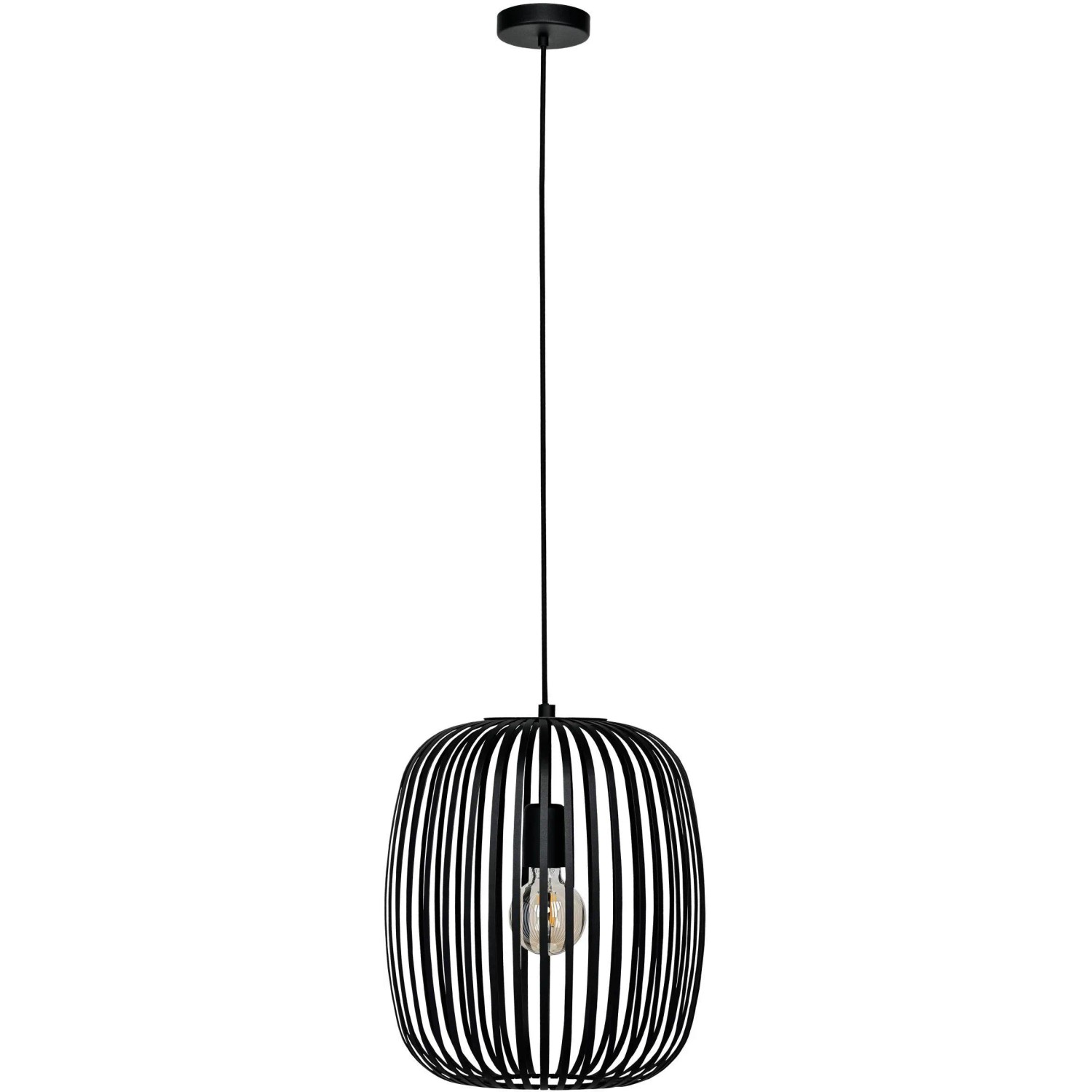 Schwarze Eglo Pendelleuchte Romazzina mit Lampenschirm aus Metallstreifen. Moderne Hängelampe für Wohnbereich.