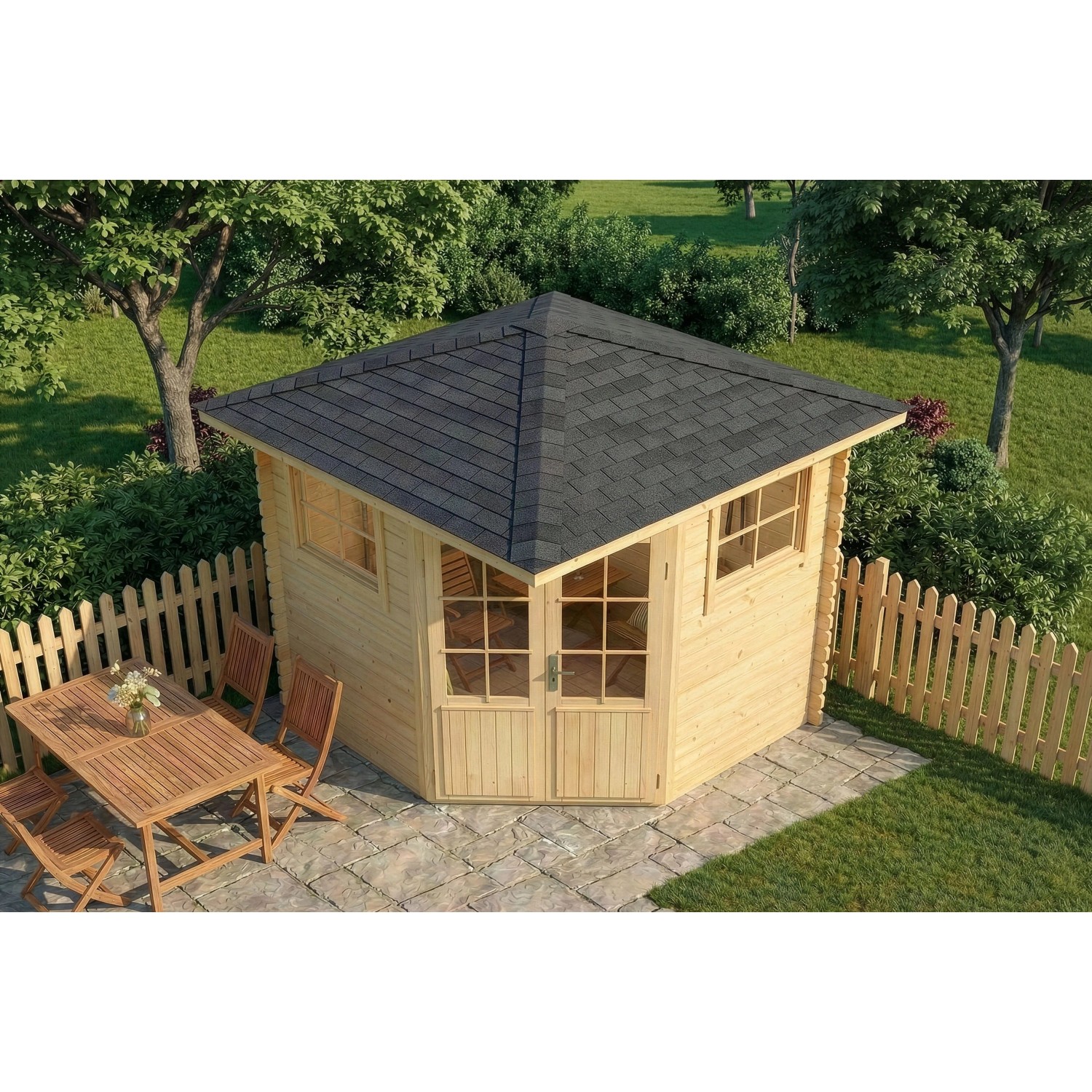 Unbehandeltes 5-Eck Gartenhaus Sunny-B mit Spitzdach, 230x224 cm, mit Fenstern und Tür.