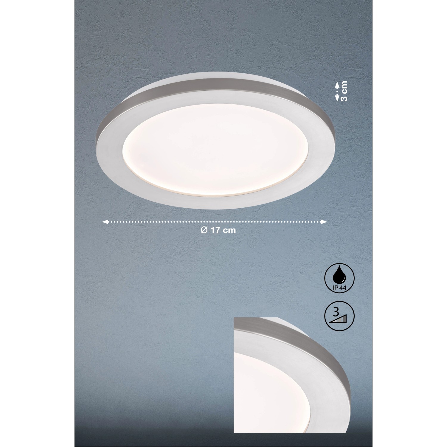 Runde, dimmbare LED-Deckenleuchte Gotland, Chrom/Weiß, Ø 17cm, geeignet für Bad und Wohnraum.