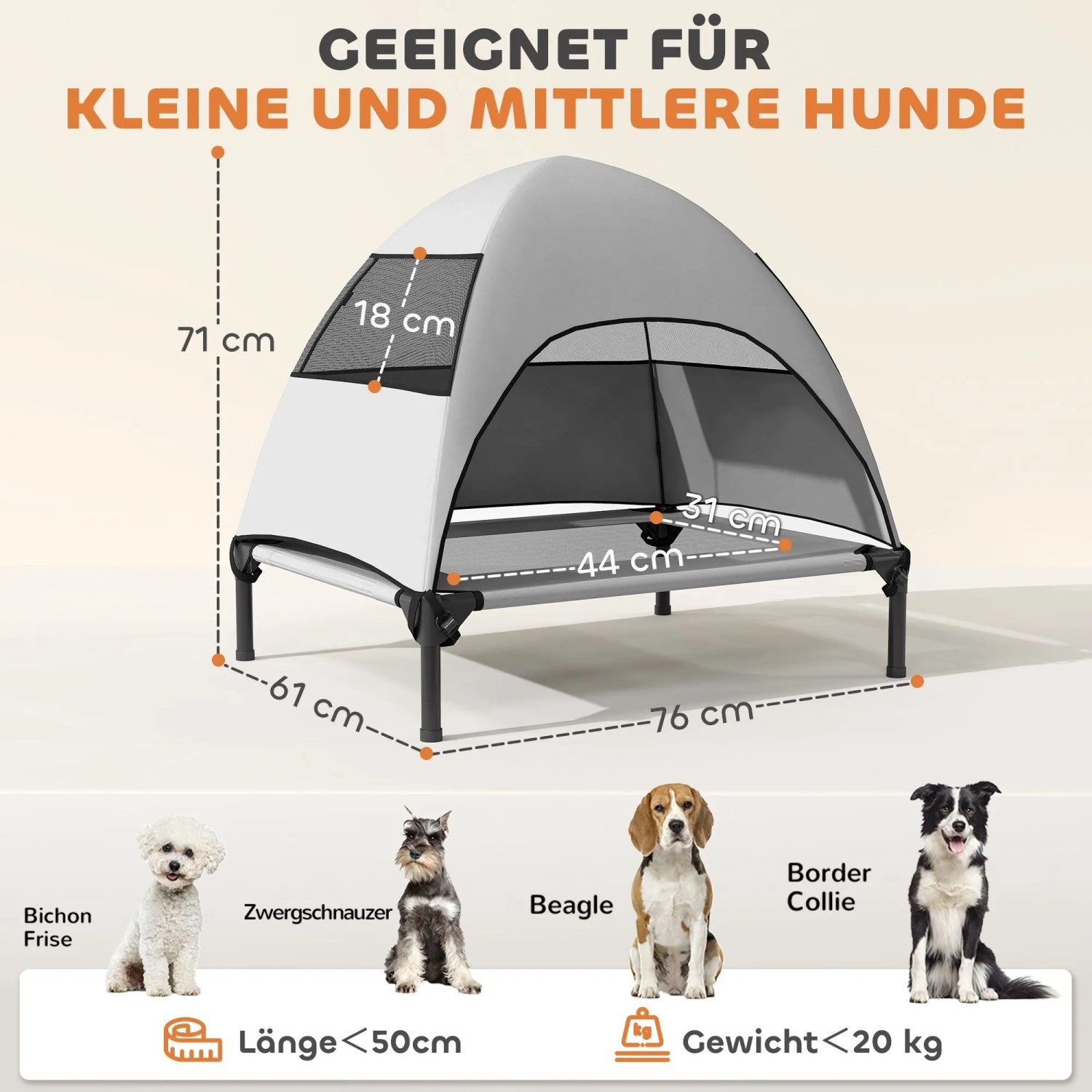 PawHut erhöhtes Hundebett mit Dach, hellgrau, 76x61x71cm. Atmungsaktiv, für kleine & mittlere Hunde bis 20kg.