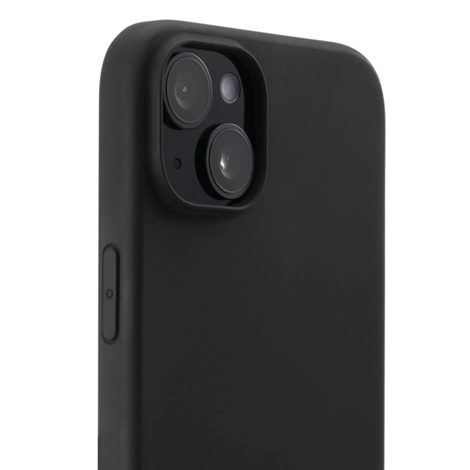 Schwarze Hama MagCase Handyhülle für iPhone 15, matte Oberfläche, mit Kameraschutz und Seitentasten.