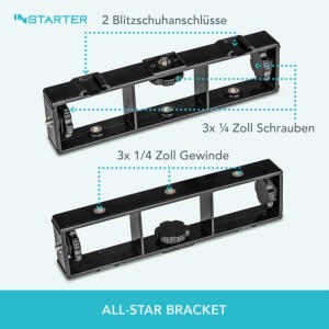 Schwarze Instarter All Star Bracket Halterungsschiene für Foto, Video & Leuchten mit Gewinden, Schrauben, Blitzschuhen.