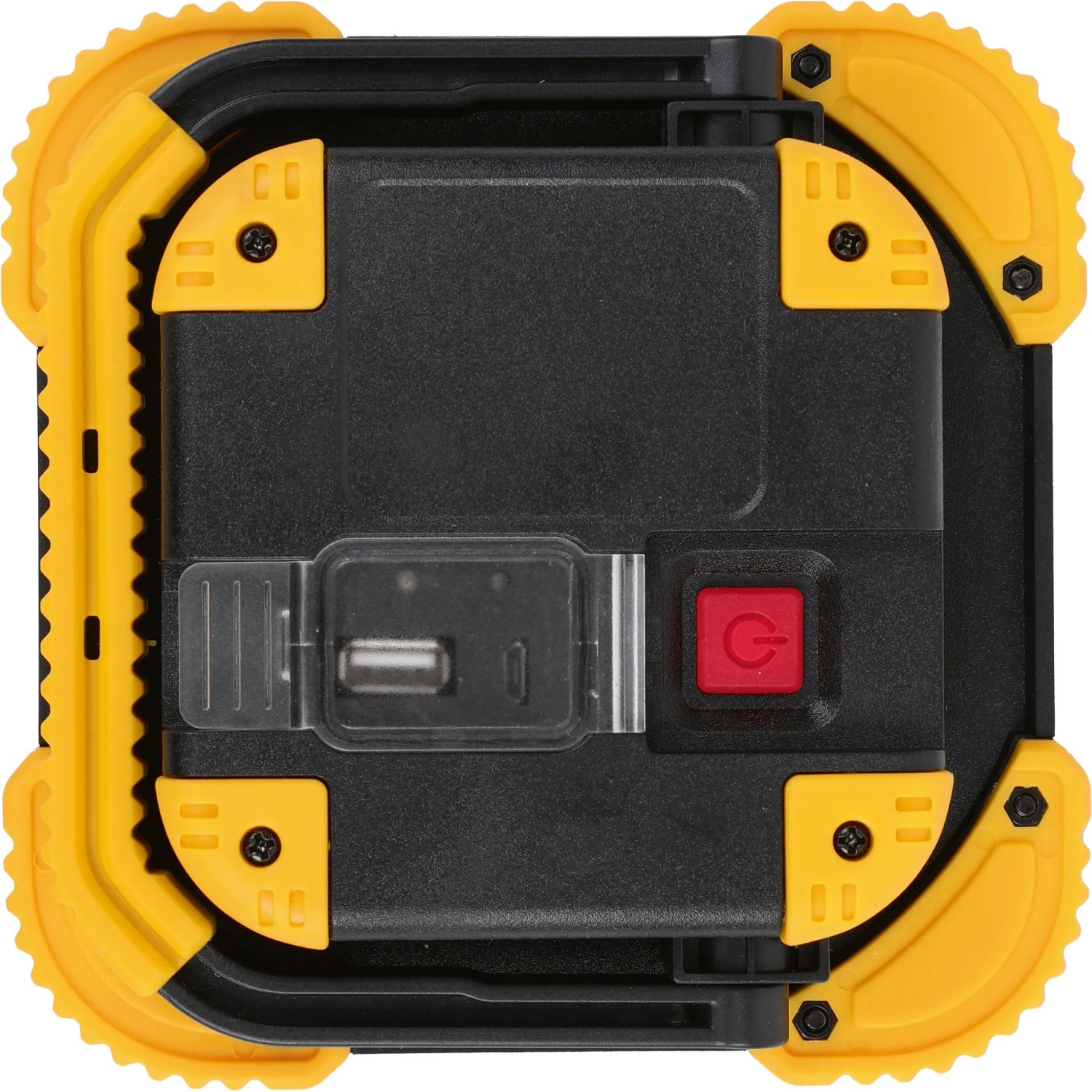 Detailansicht der schwarzen COB-LED Arbeitsleuchte mit gelben Schutzecken und USB-Anschluss.
