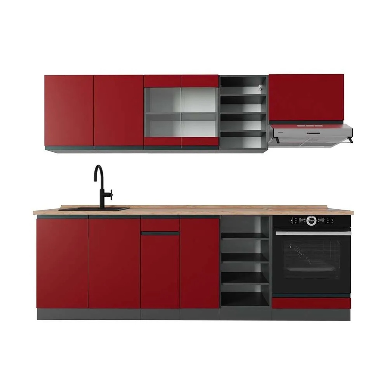 Vicco R-Line Küchenzeile Rot Anthrazit 240 cm AP Eiche ohne E-Geräte