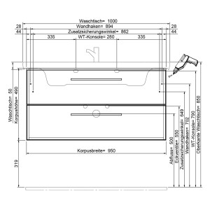 Technische Zeichnung: Steinkamp Waschtischunterschrank Living 2.0 mit Villeroy & Boch Subway 3.0 Waschtisch.