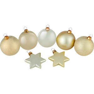 Goldenes Weihnachtskugel-Set mit Sternen, 50-teilig, verschiedene Oberflächen.