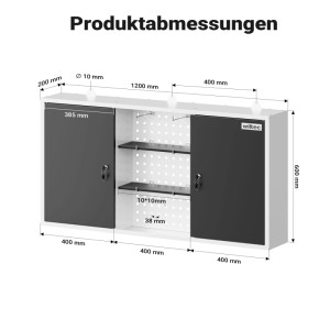 Grauer Wiltec Hängeschrank mit abschließbaren Türen, Lochwand und Ablagefächern. Werkzeugschrank für Werkstatt. Maße 120x60x19 cm.
