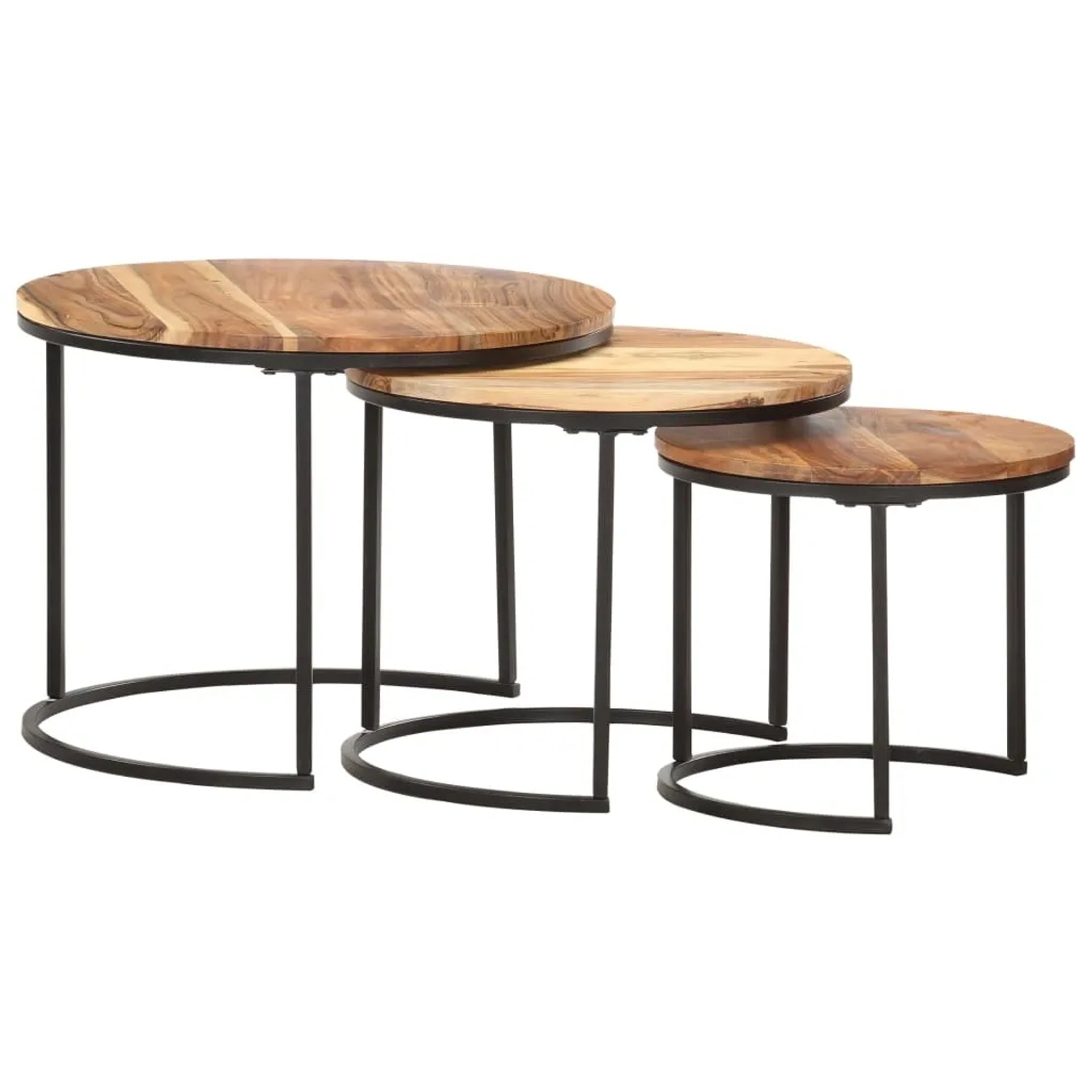 Satztische, 3 Stk., Akazie Massivholz, runde Tischplatten, schwarze Metallgestelle.