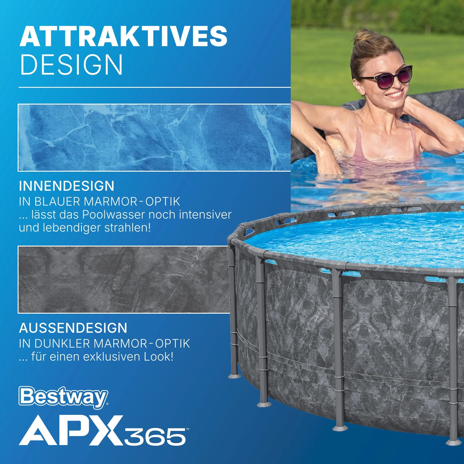Bestway APX365 Stahlrahmen Pool, 549x132 cm, Marmor Design, mit Frau im Wasser.
