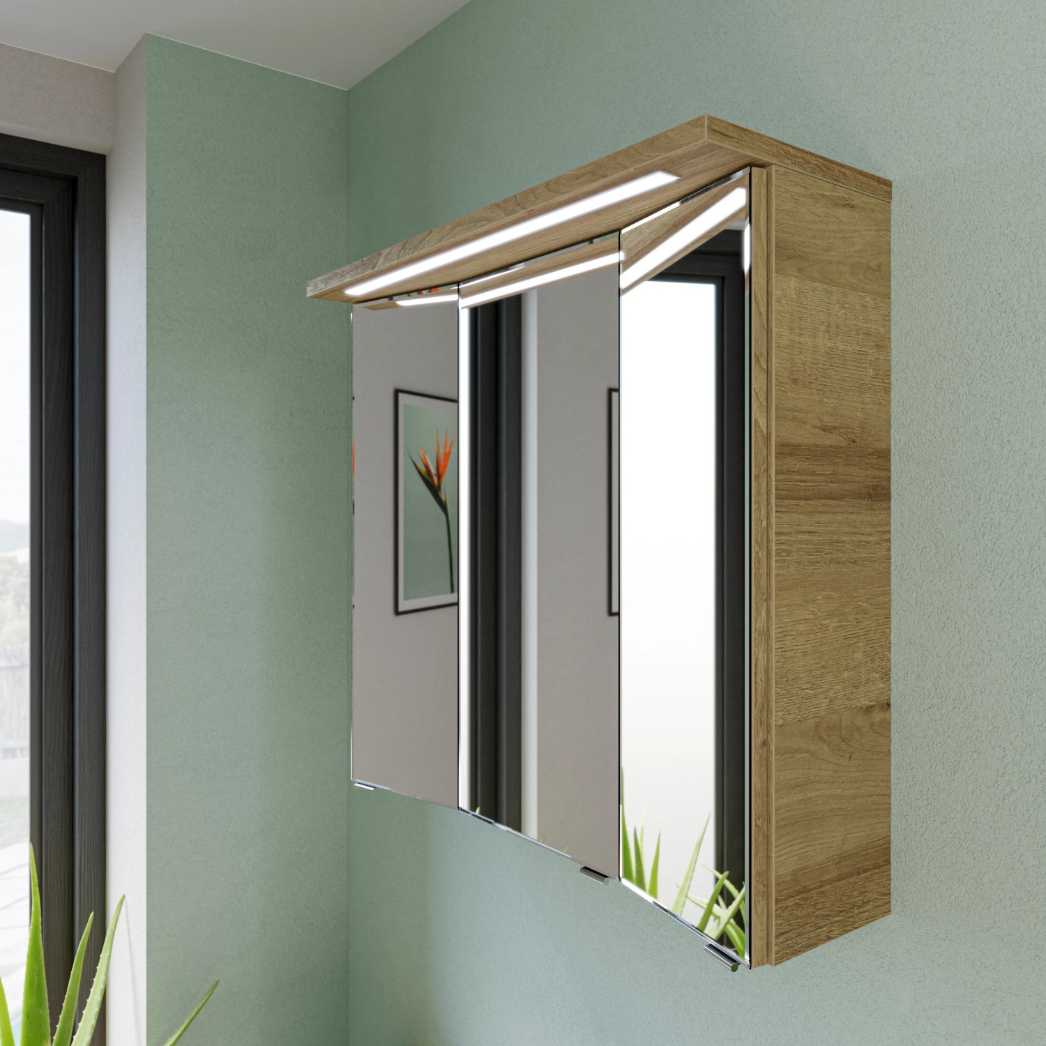 Pelipal Trentino Spiegelschrank, 107 cm, Riviera Eiche Dekor mit LED-Beleuchtung.