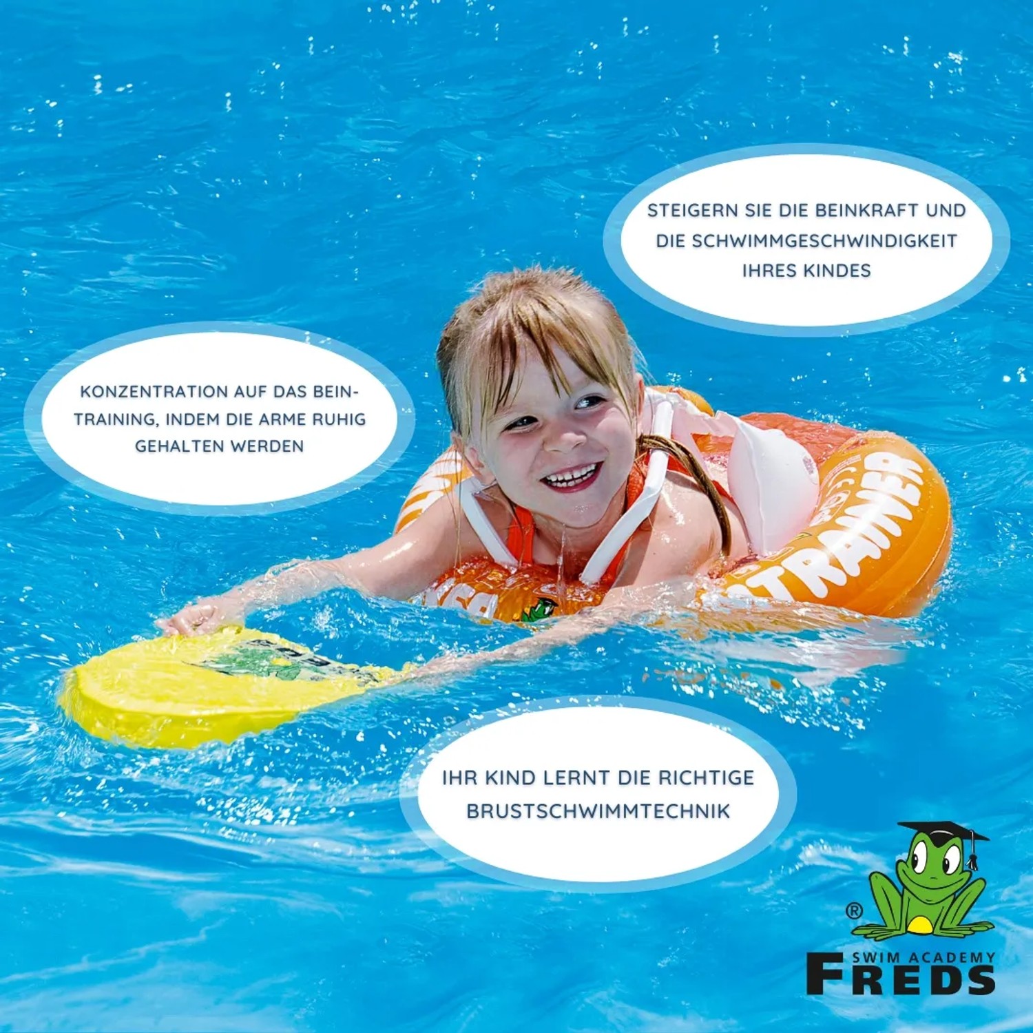 Kind mit gelbem Freds Swim Academy Schwimmreifen im Wasser. Schwimmhilfe für Kinder von 4-8 Jahren.