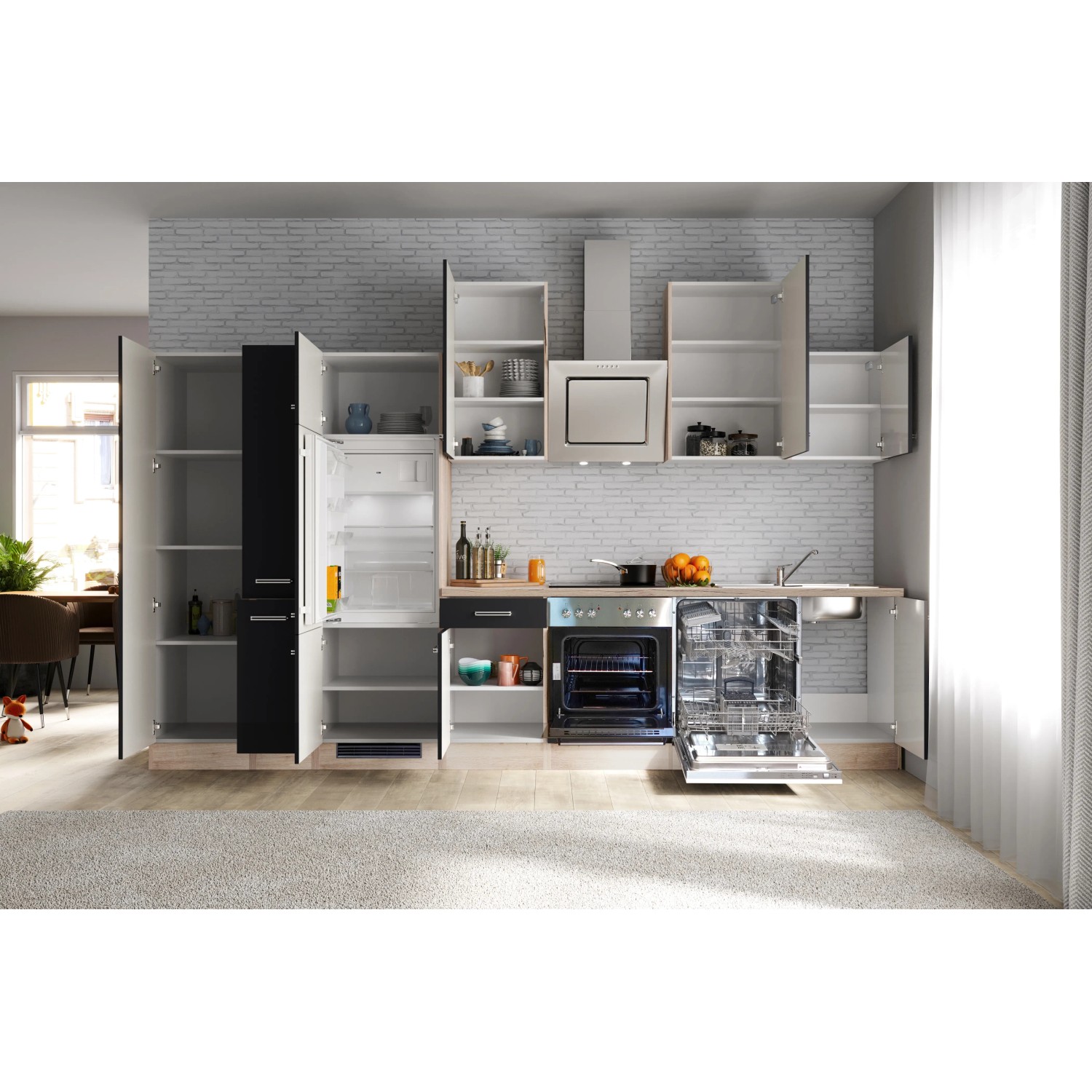 Flex-Well Küchenzeile Lara, 360 cm, Anthrazit/San Remo Eiche, mit E-Geräten wie Herd, Kühlschrank und Geschirrspüler.