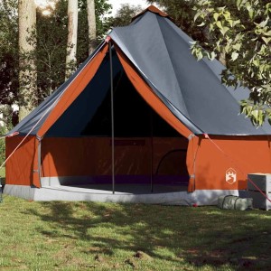 Grau-oranges Tipi-Zelt für 10 Personen beim Camping.