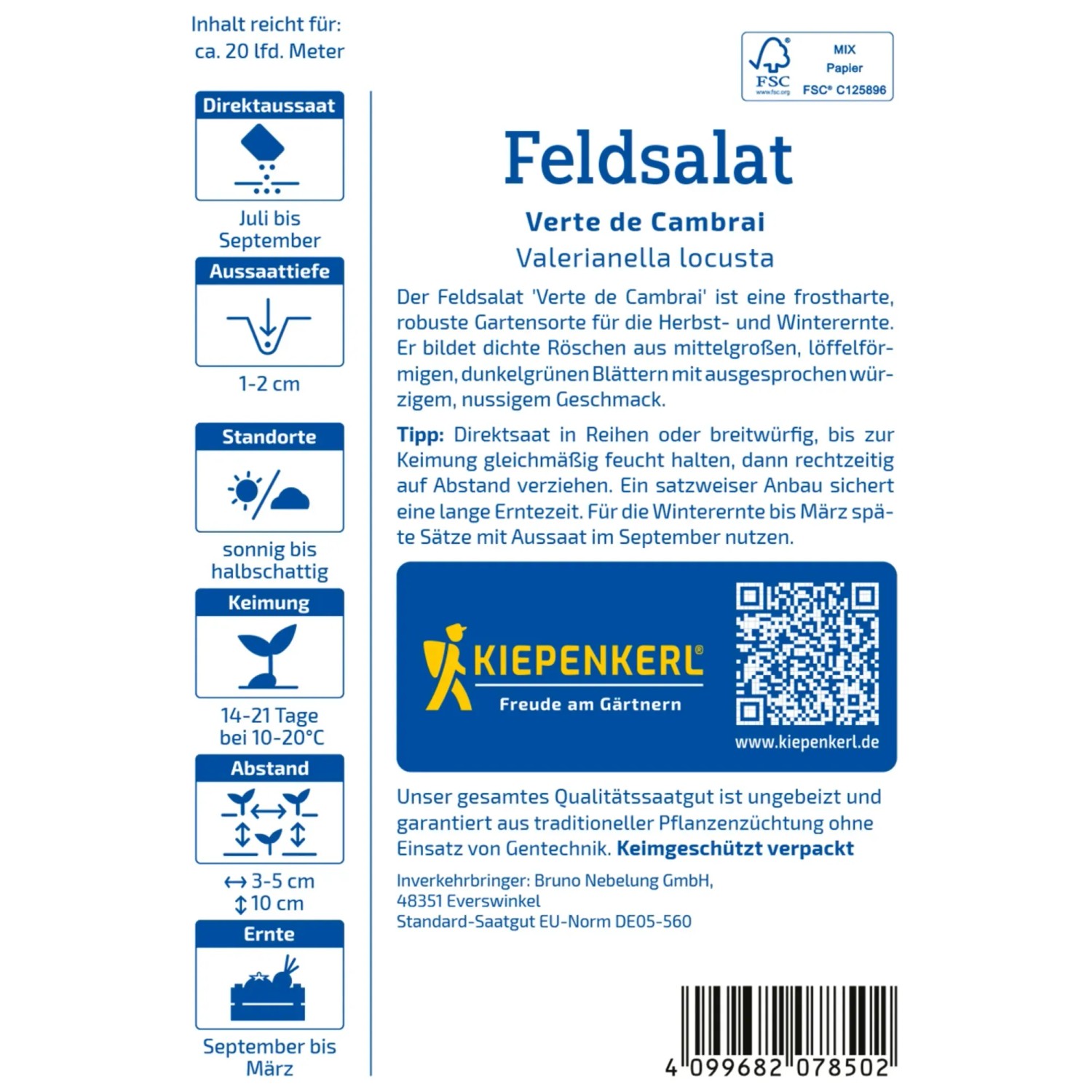 Kiepenkerl Feldsalat 'Verte de Cambrai' Samenpackung mit Erntehinweisen.