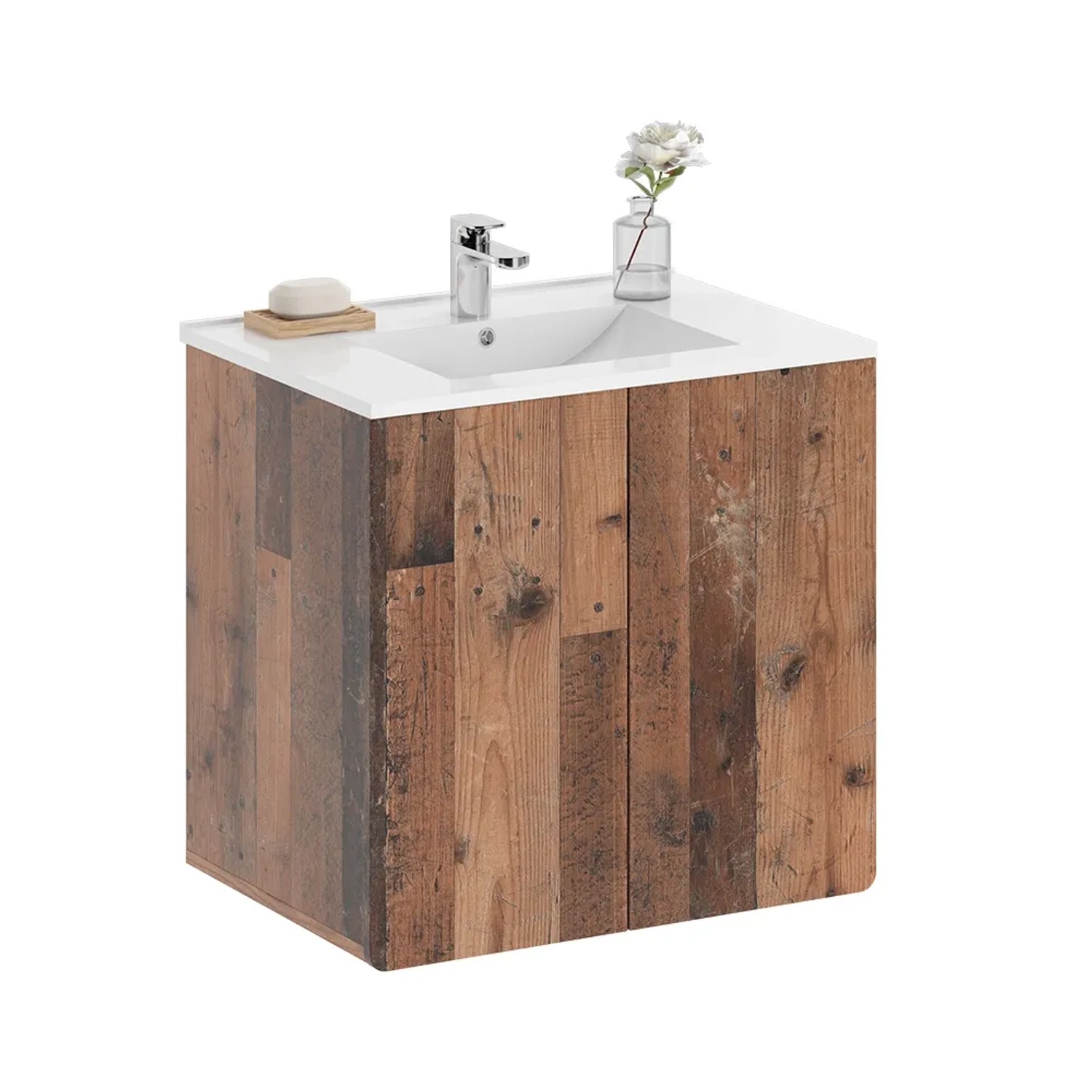 Vicco Badmöbel-Set Izan Oldstyle, 2-teilig mit Waschbecken und Unterschrank im Holz-Look.