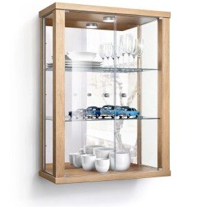 Wandvitrine Buche mit Glasböden, LED und Spiegel, Made in Germany. Hängevitrine für Sammlerstücke.