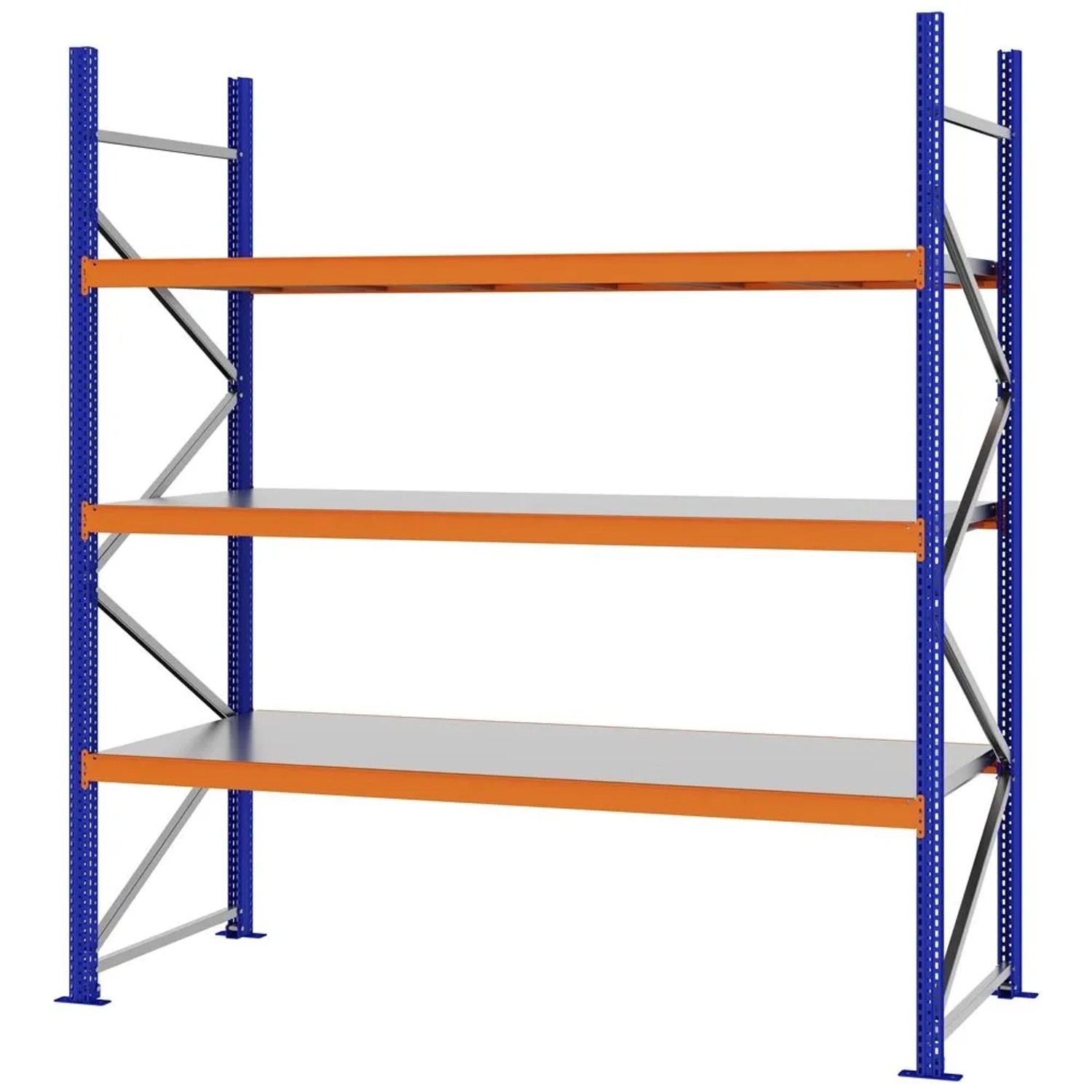 PROREGAL Weitspannregal Schraub-Stecksystem MAGNUS PRO Made In Germany Grundregal 250x225x80cm 3 Ebenen Stahlböden Fachlast 520kg Blau/Orange