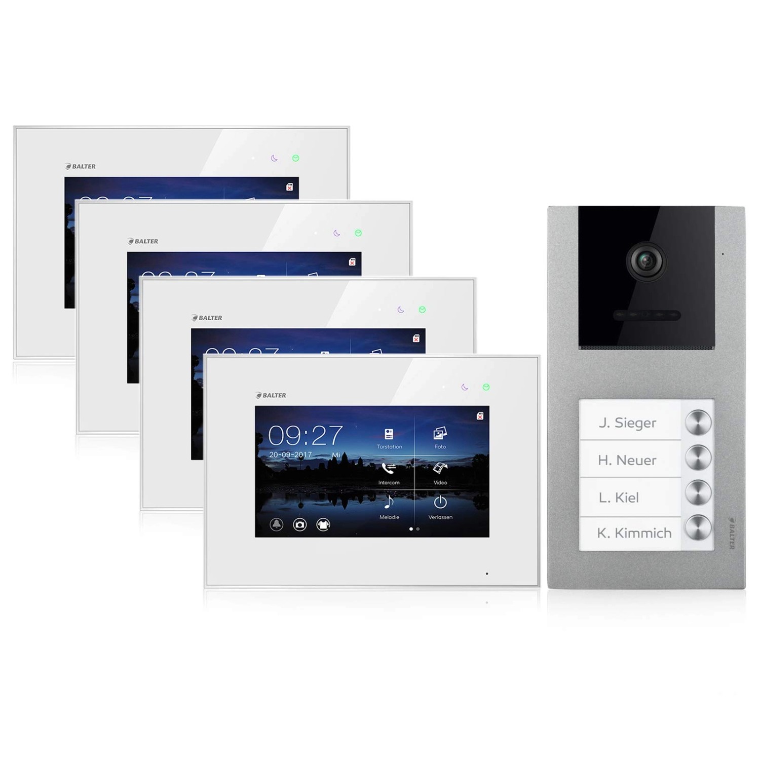 Balter EVO Video-Türsprechanlage Aufputz für Vierfamilienhaus mit 4x 7 Zoll Monitor Silber-Weiß