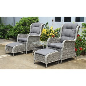 Graues Garden Pleasure Sessel-Set Valencia mit Tisch und Fußhockern.