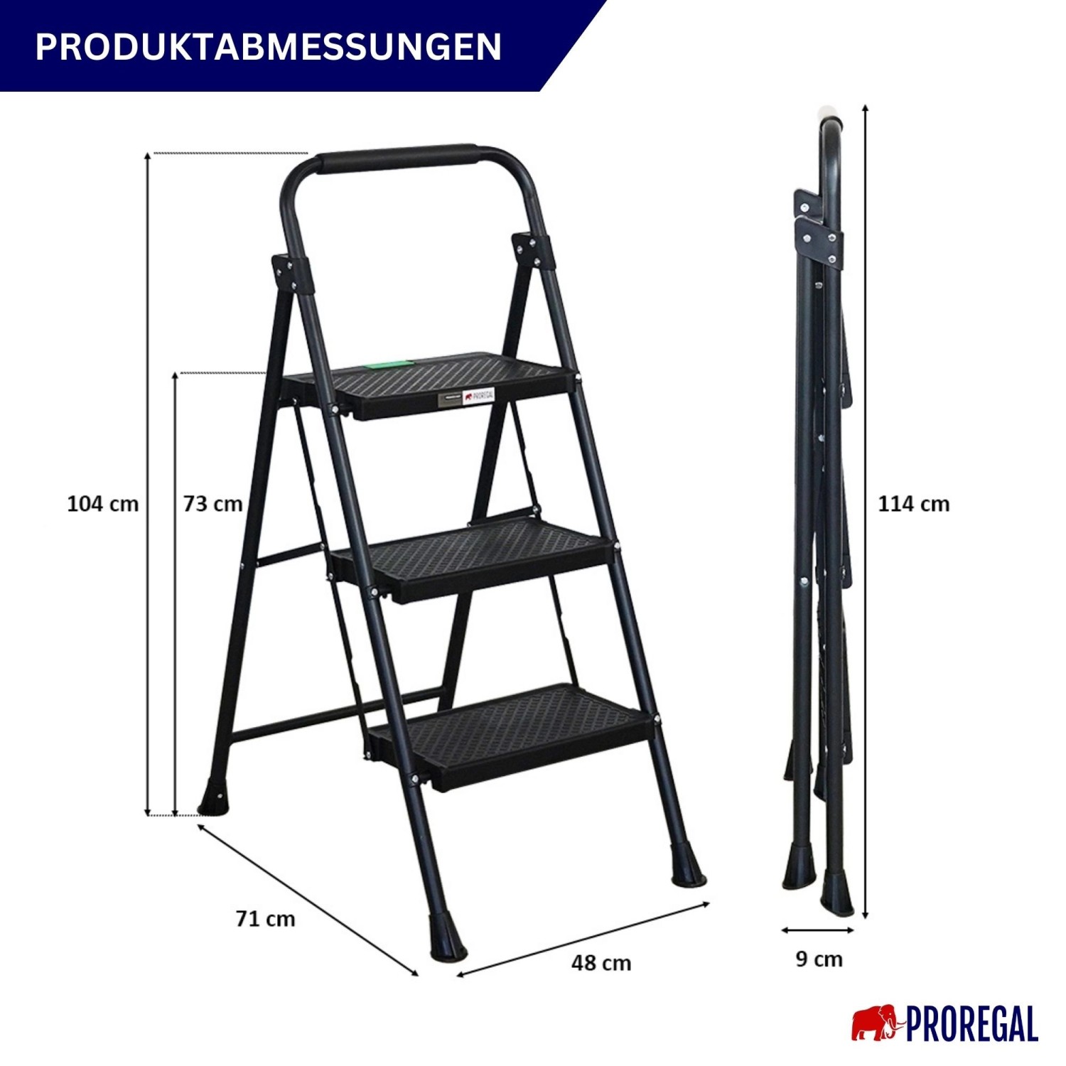 PROREGAL Profi-Trittleiter, klappbar, mit 3 Stufen, Stahl schwarz. Haushaltsleiter für sicheren Stand.