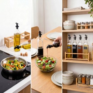 Relaxdays 4er Set Glas-Ölflaschen mit Bambushalter. Tropffreies Dosieren von Öl/Essig in Küche & auf Regal.