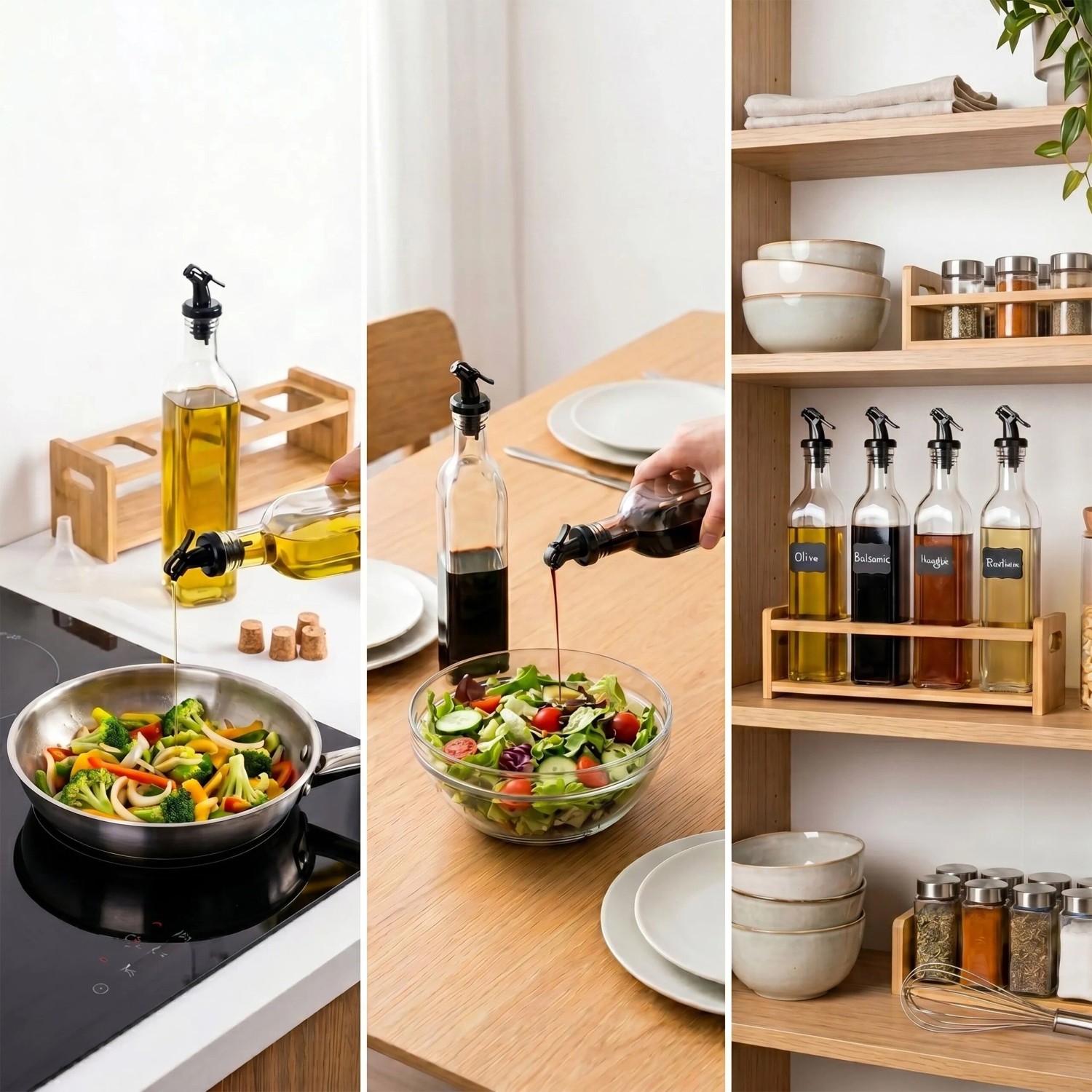 Relaxdays 4er Set Glas-Ölflaschen mit Bambushalter. Tropffreies Dosieren von Öl/Essig in Küche & auf Regal.