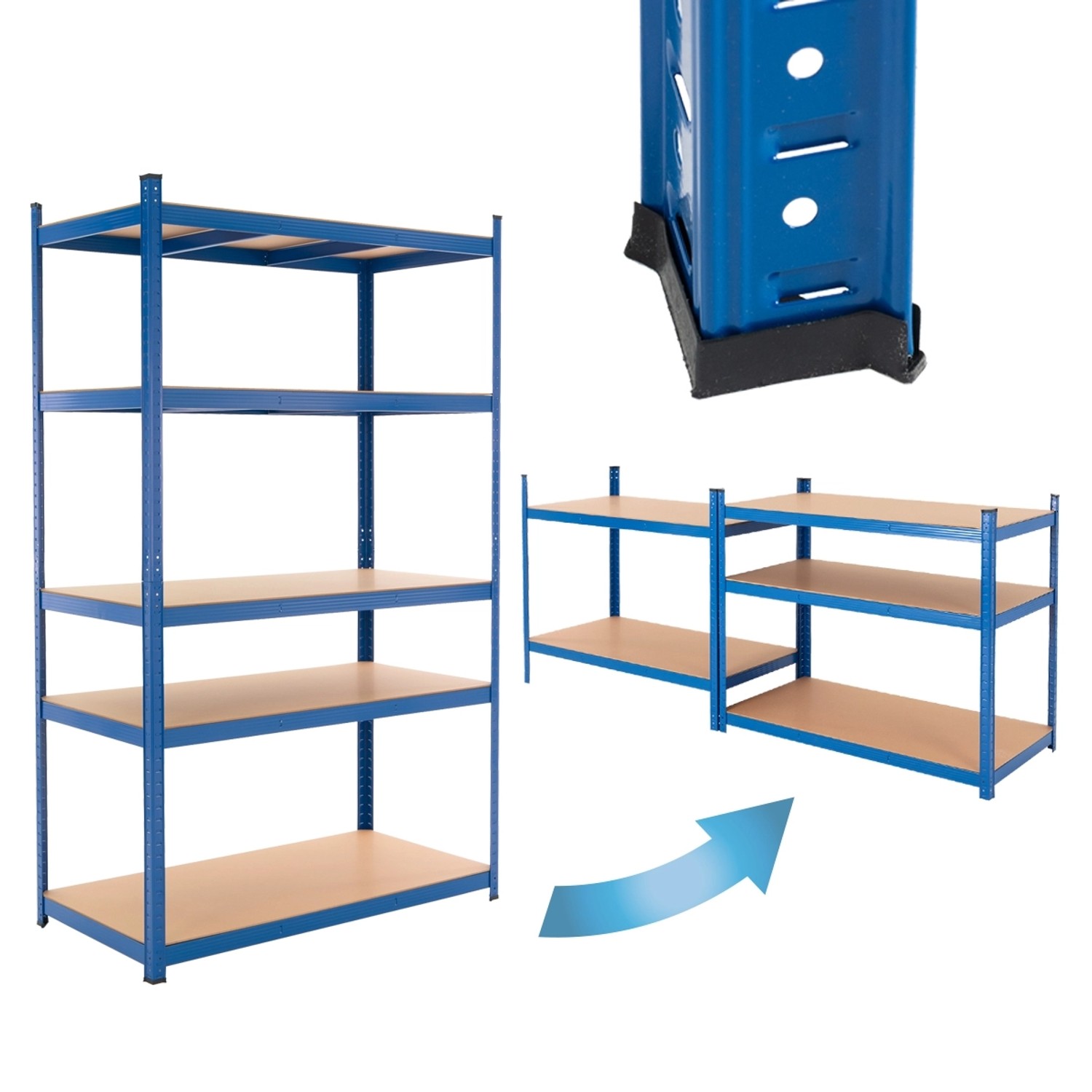 Blaues ECD Germany Werkstattregal aus Metall mit 5 MDF-Böden, auch als Werkbank nutzbar.