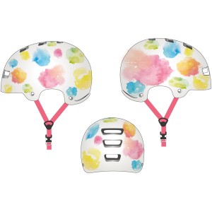 Fischer BMX Kinder Fahrradhelm Splash, Größe S/M, mit bunten Farbflecken und pinken Riemen.