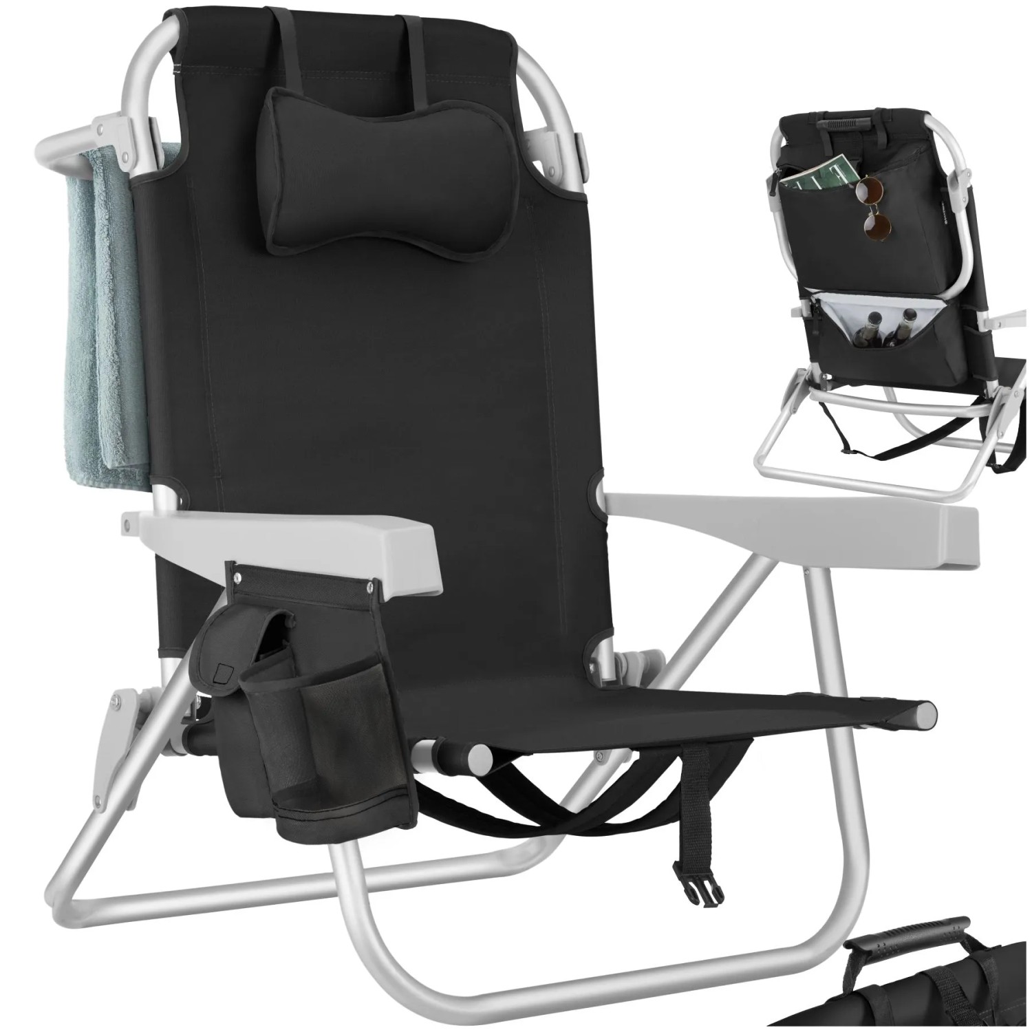 Tectake Aluminium Strandstuhl Coral Klappbar  Mit Rucksackfunktion Wetterfest und Uv Beständig Pro Stück 101 x 63 x 78 cm Schwarz