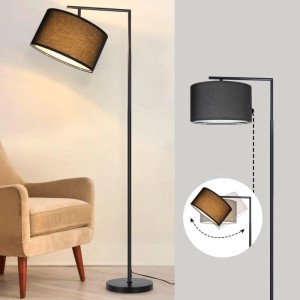 Schwarze NETTLIFE Stehlampe mit Stoffschirm, neigbar, neben Sessel. Modernes Design für Wohnzimmer, E27-Fassung.