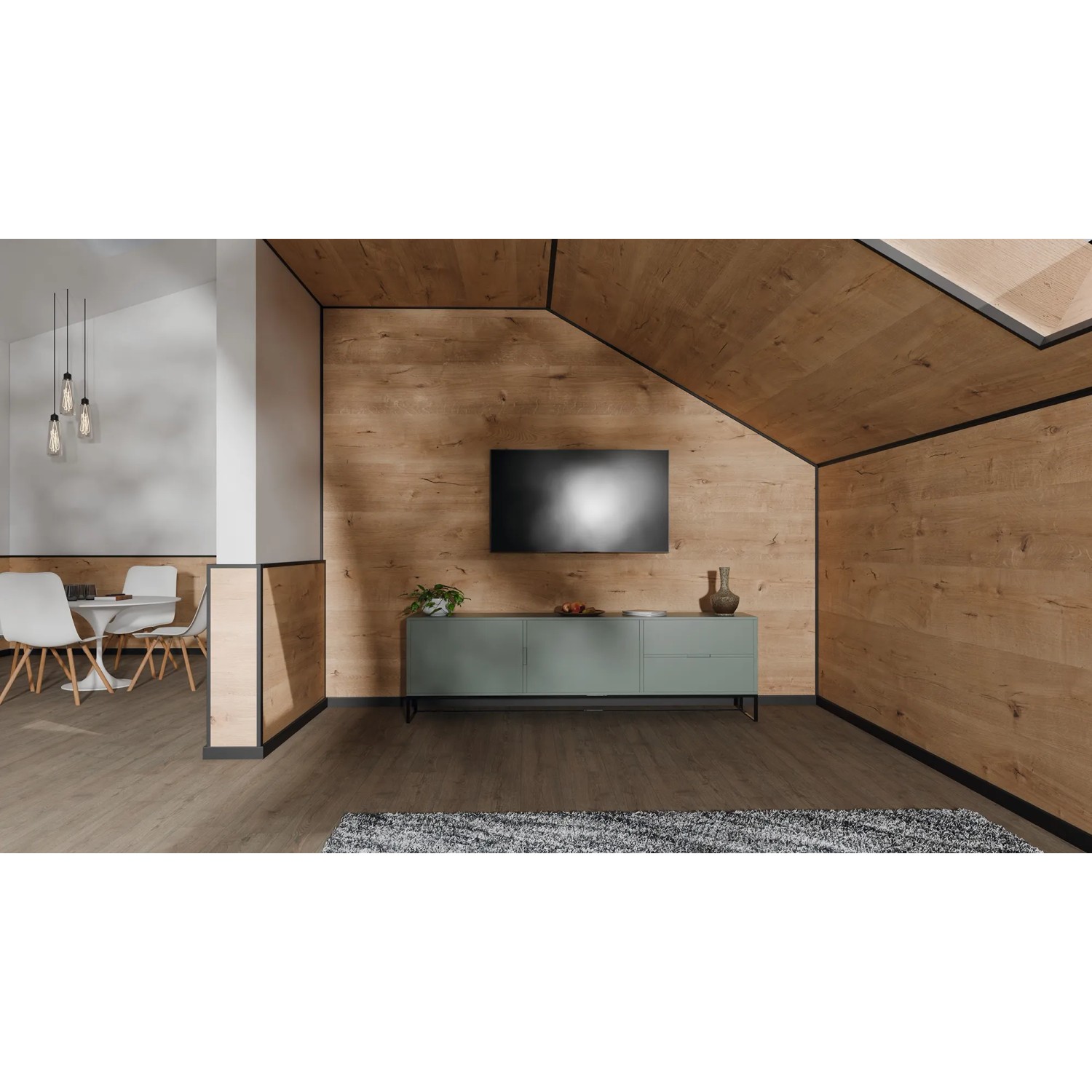 Wohnraum mit Egger Decowall Wandpaneelen und schwarzer Winkelleiste für saubere Abschlüsse.