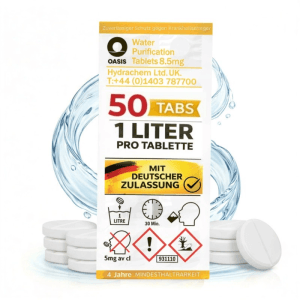 JUNG Oasis Trinkwasser-Tabletten, 50 Stück, für 1 Liter pro Tablette. Weiße Tabletten, Verpackung mit deutscher Zulassung. Camping.