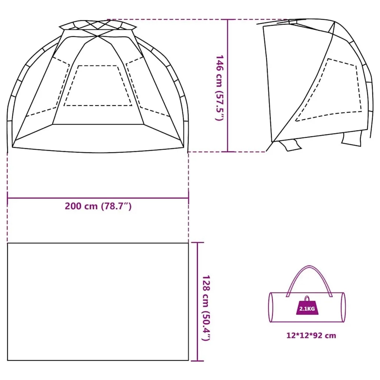 vidaXL Strandzelt für 2 Personen, grau, mit Maßen und Packmaß dargestellt.