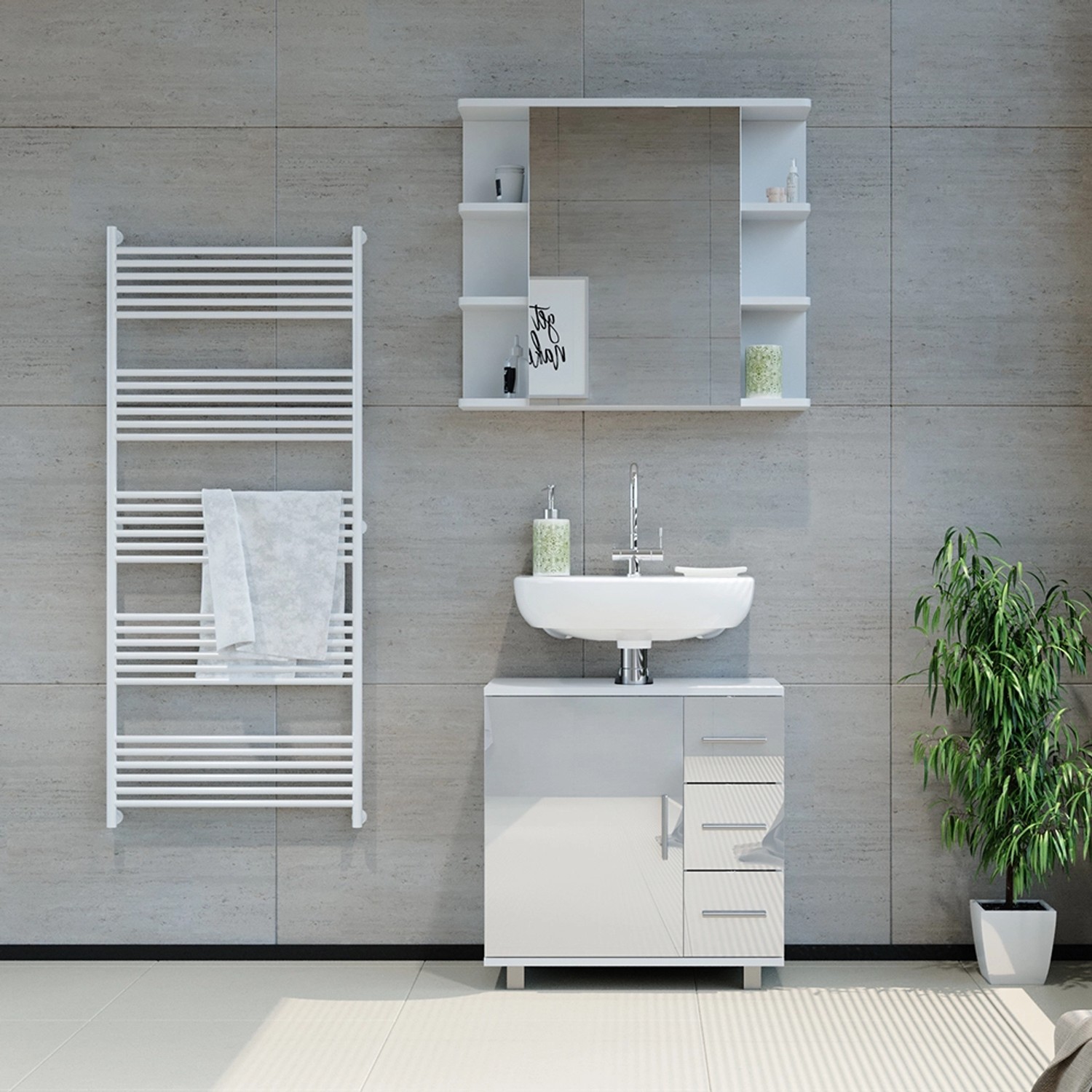 Vicco Waschbeckenunterschrank Ilias, weiß hochglanz, 60 cm breit, mit Tür und Schubladen.